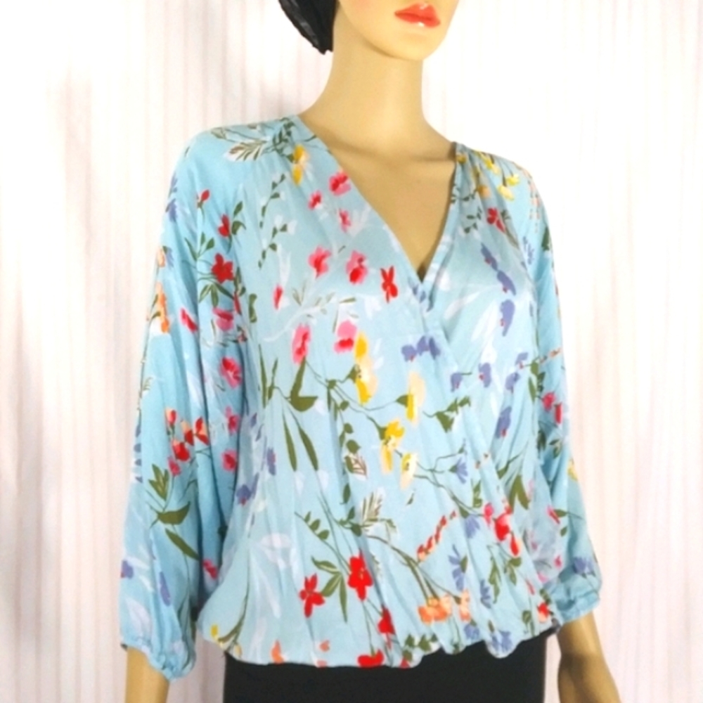 LOVE STITCH Flowy Brushed Rayon Floral Front Wrap Long Sleeved Blouse